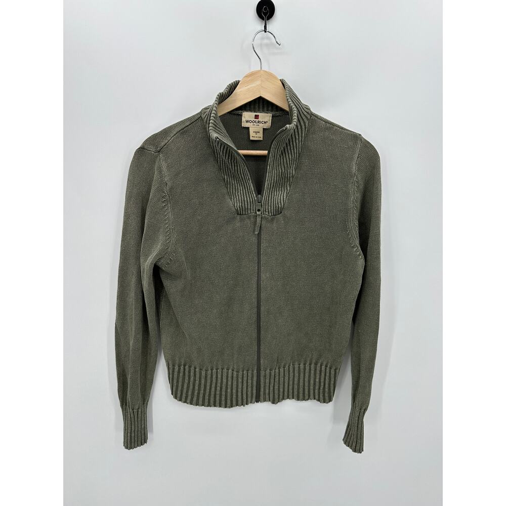 Woolrich Full Zip Sweater Women Medium Olive Green Ramie Cotton Lightweight Knit